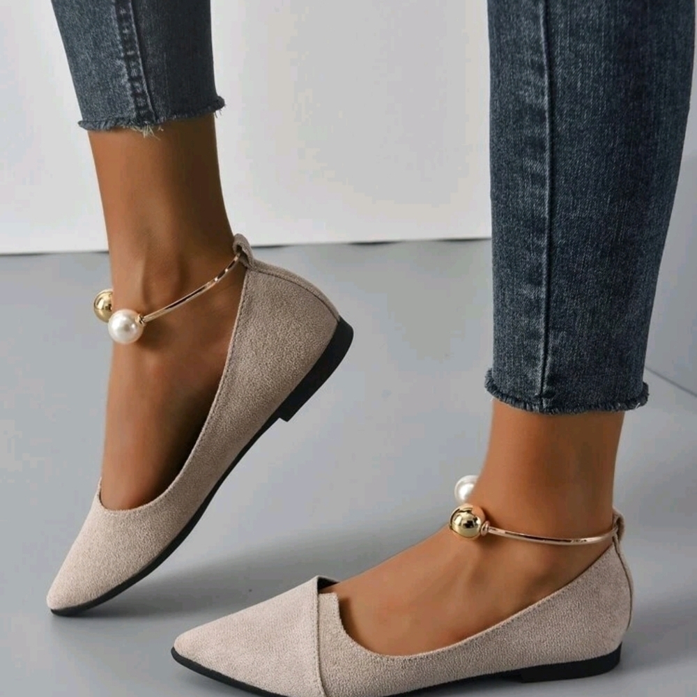 Women Faux Pearl Decor Point Toe Ankle Strap Flats, - Picture 5 of 6